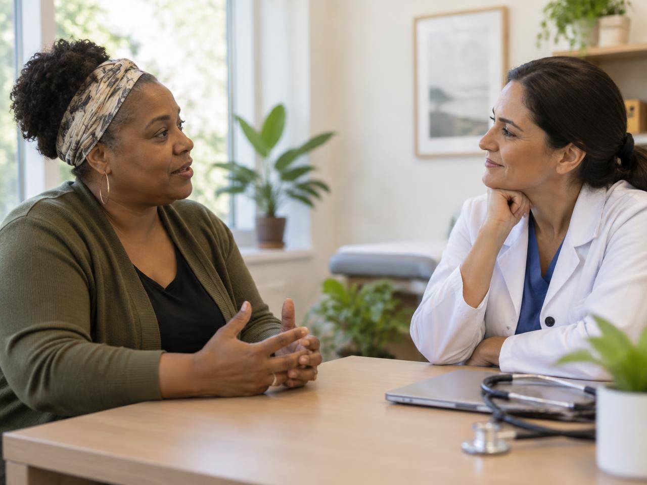 A woman talking with a healthcare professional in a welcoming clinic